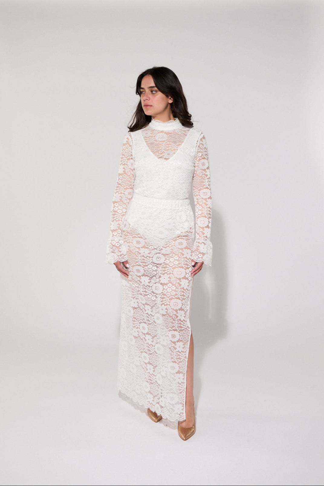 Eco-friendly recycled lace maxi skirt crafted from plastic water bottles