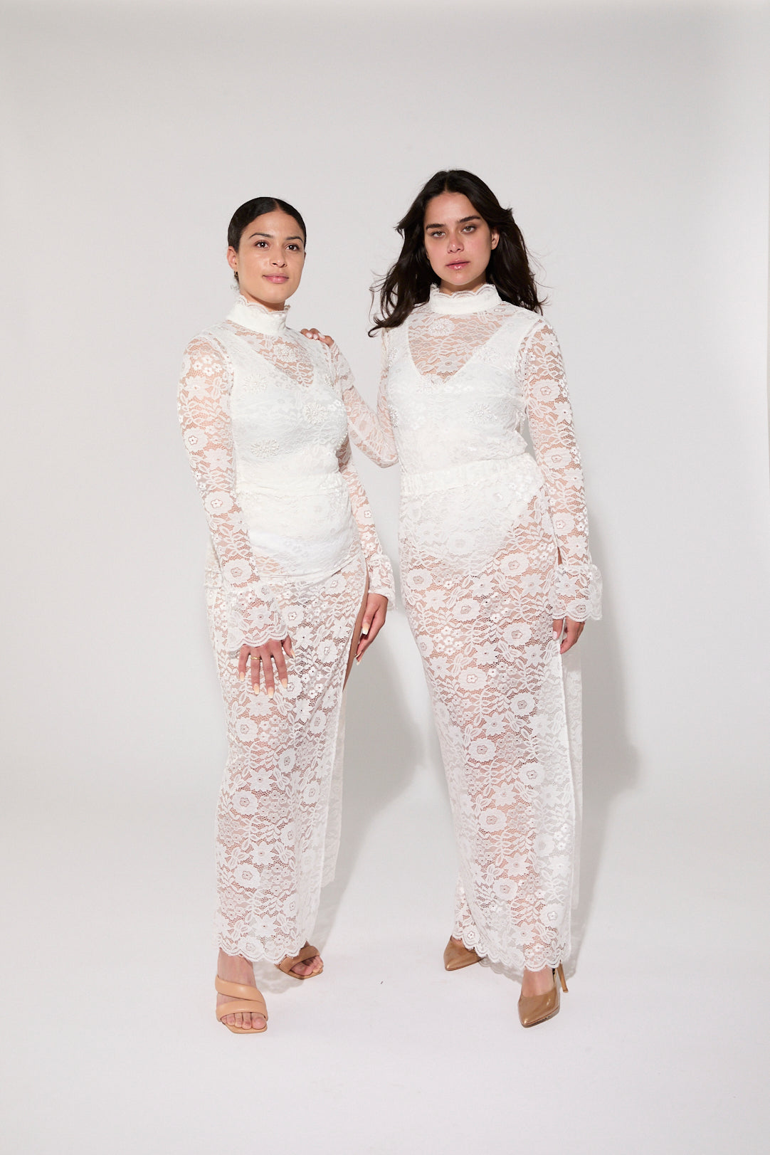 Eco-friendly recycled lace maxi skirt crafted from plastic water bottles