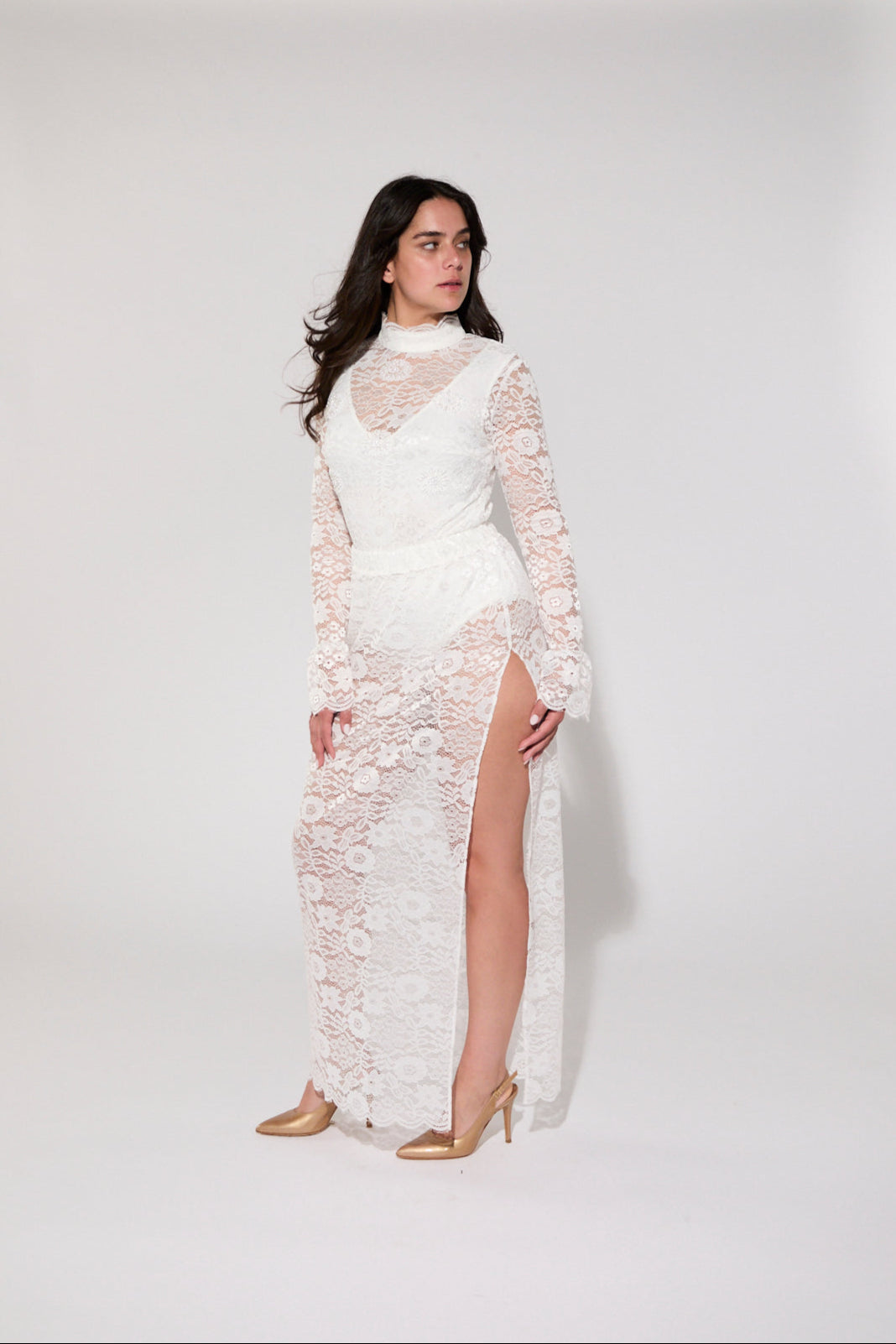 Eco-friendly recycled lace maxi skirt crafted from plastic water bottles