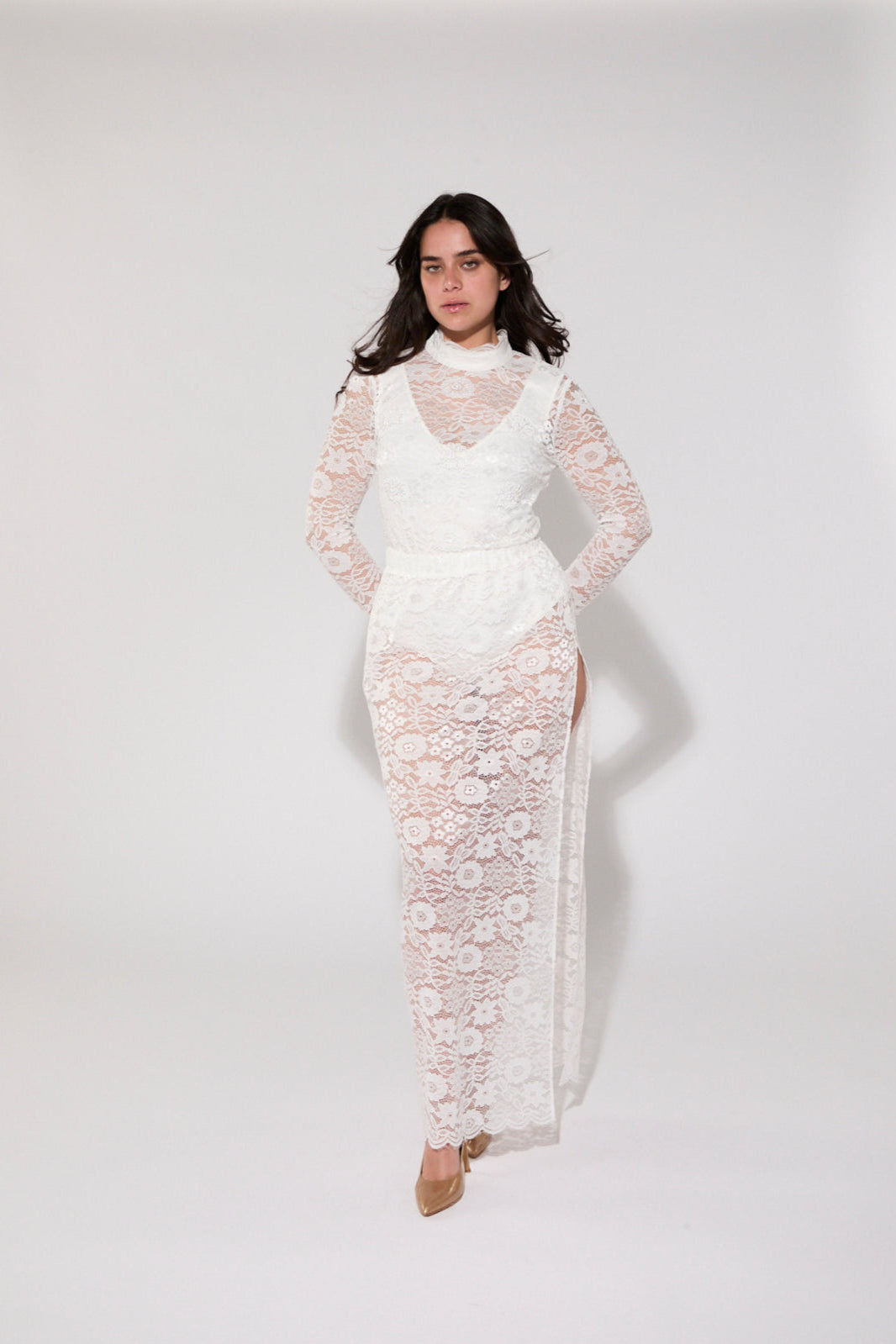Eco-friendly recycled lace maxi skirt crafted from plastic water bottles
