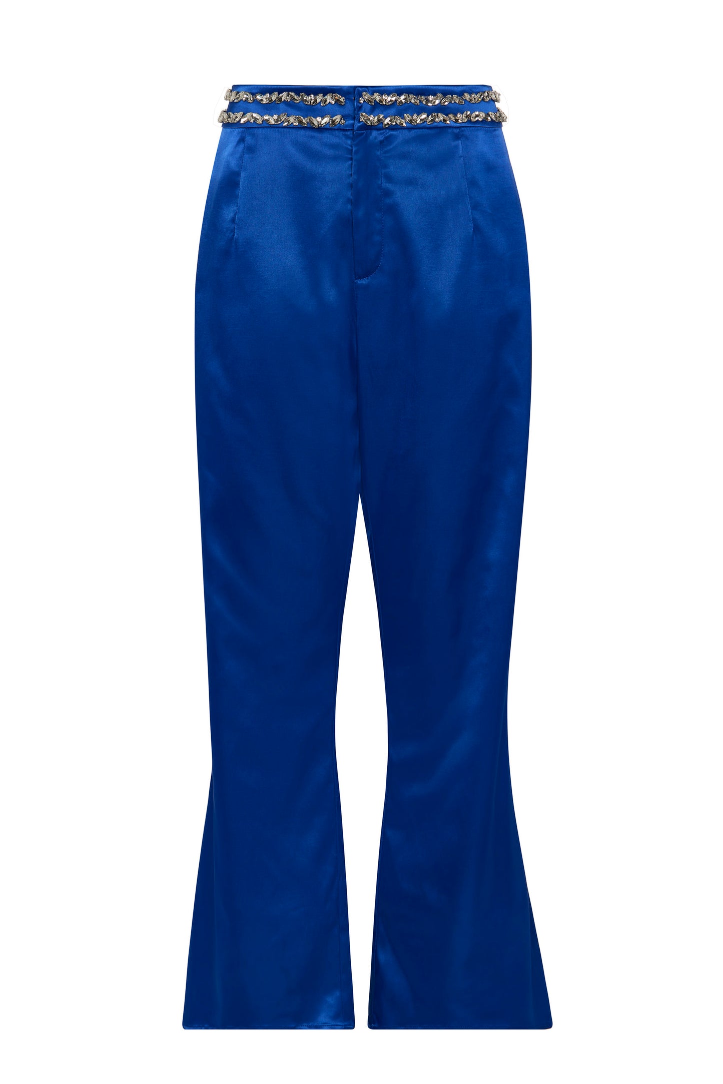 Royal Blue Satin Embellished High-Waisted Tailored Trousers - 100% Cupro Lining