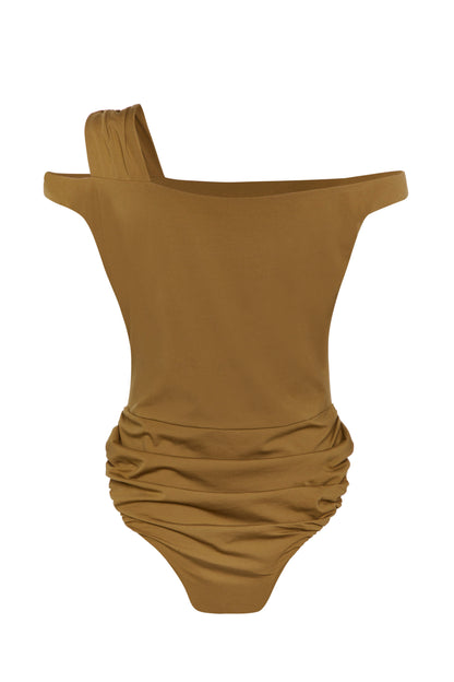 Camel Ruched Bodysuit With 3 Piece Shoulder Straps