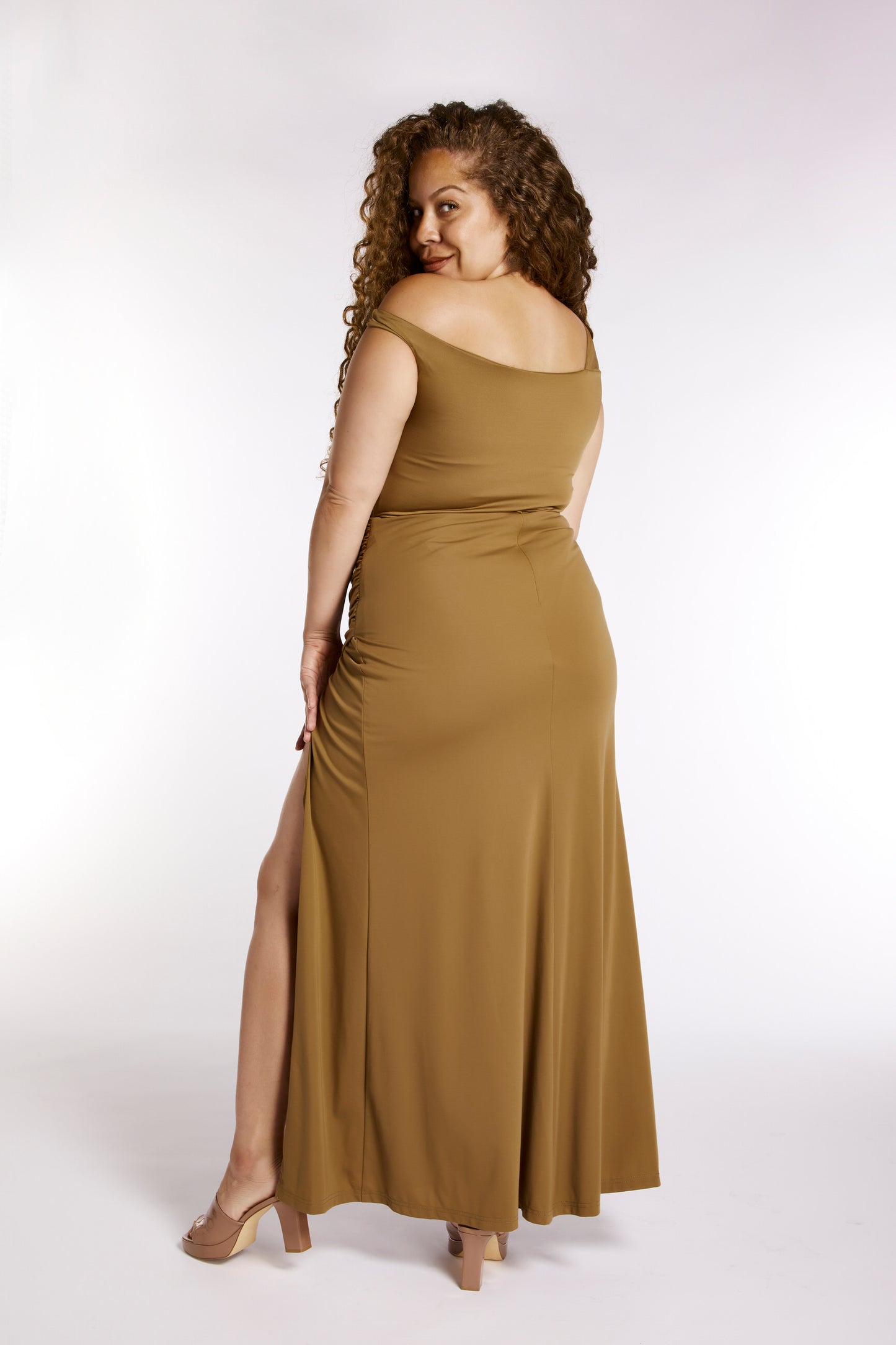 Camel Side Split Ruched Maxi Skirt