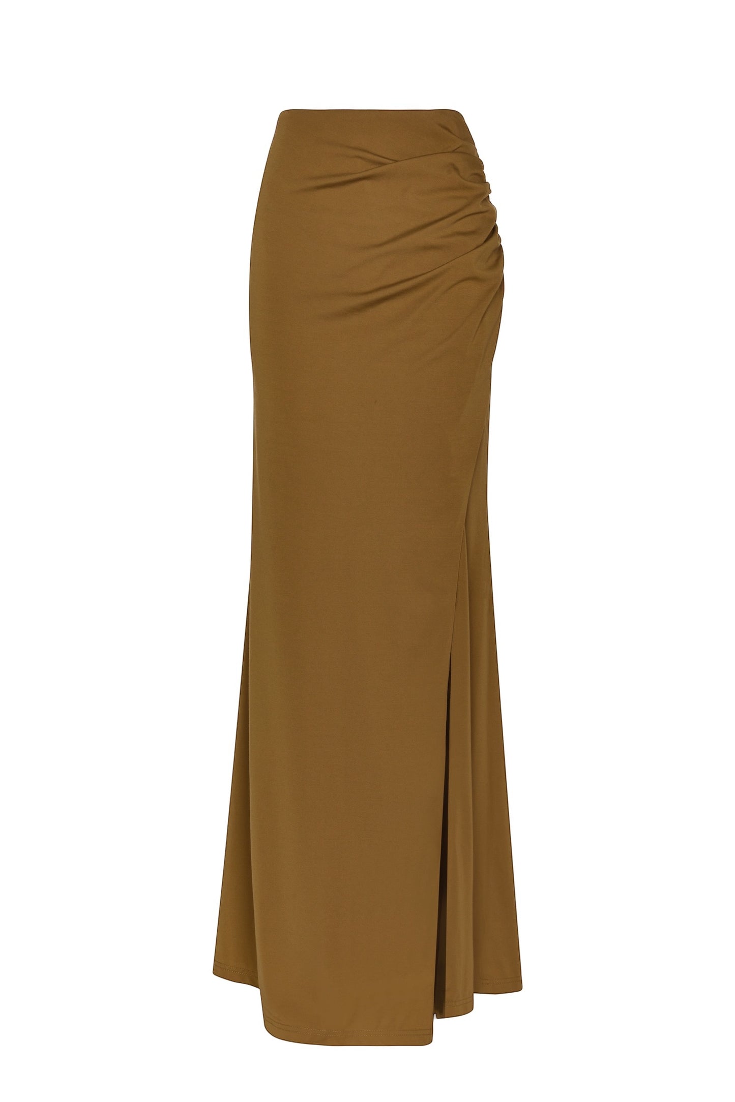 Camel Side Split Ruched Maxi Skirt