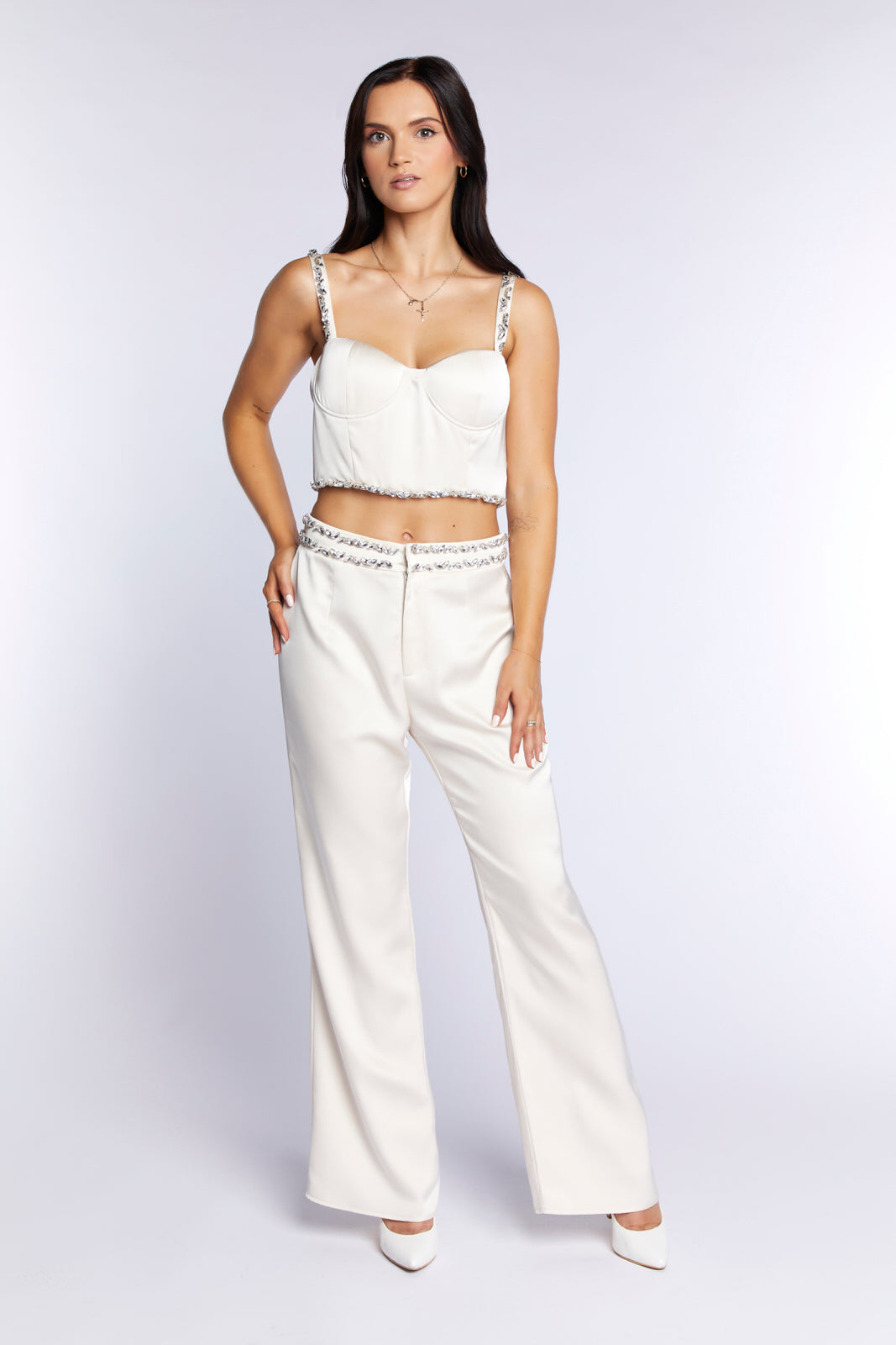 Champagne Satin Embellished High-Waisted Tailored Trousers - 100% Cupro Lining