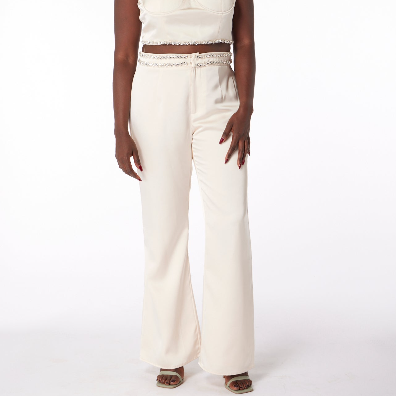 Champagne Satin Embellished High-Waisted Tailored Trousers - 100% Cupro Lining