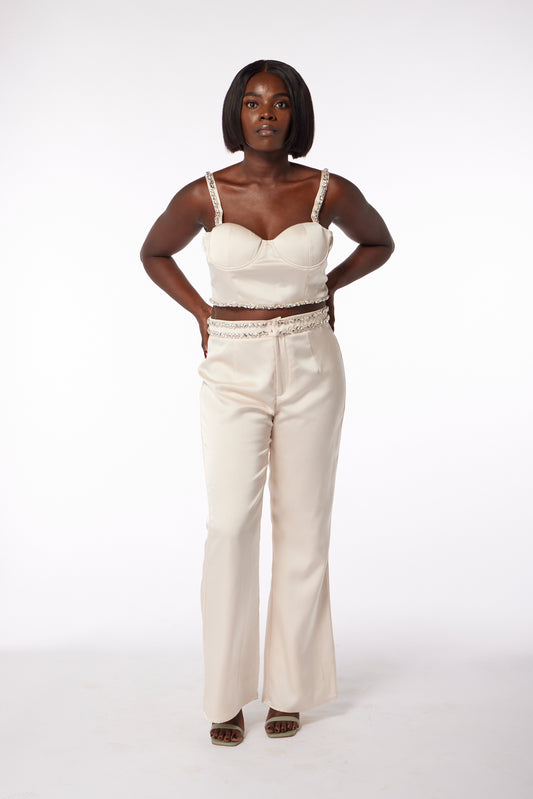 Champagne Satin Embellished High-Waisted Tailored Trousers - 100% Cupro Lining