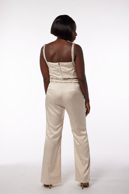 Champagne Satin Embellished High-Waisted Tailored Trousers - 100% Cupro Lining