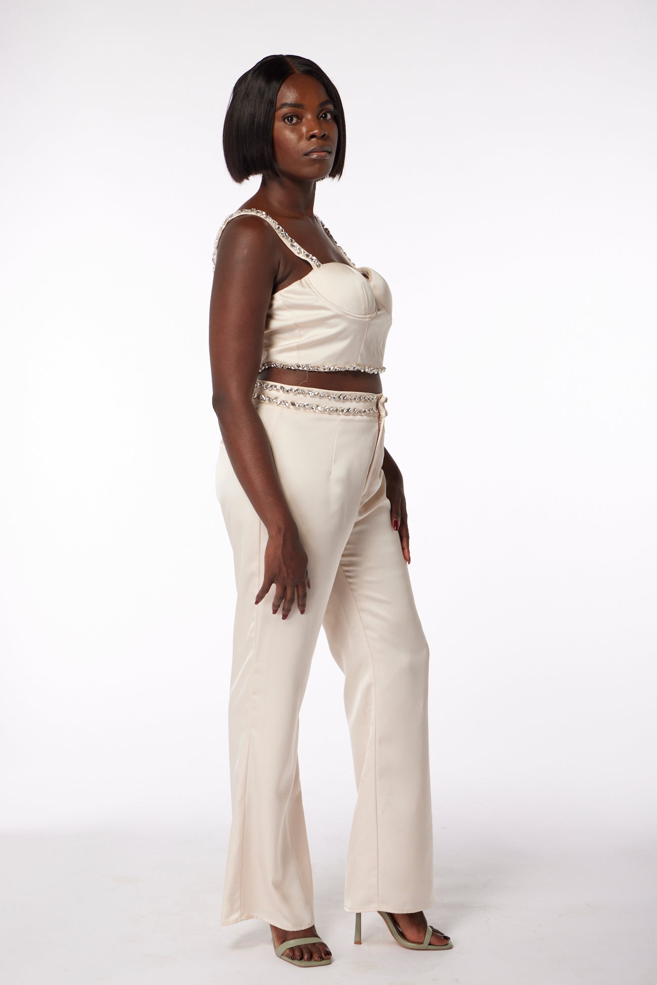 Champagne Satin Embellished High-Waisted Tailored Trousers - 100% Cupro Lining