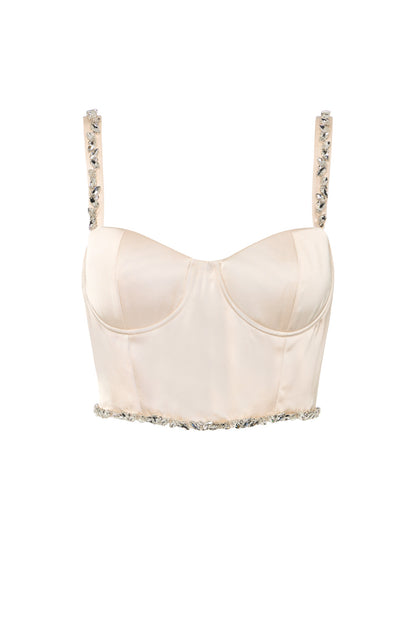 Champagne Satin Embellished Bustier Top - 100% Cupro Lining