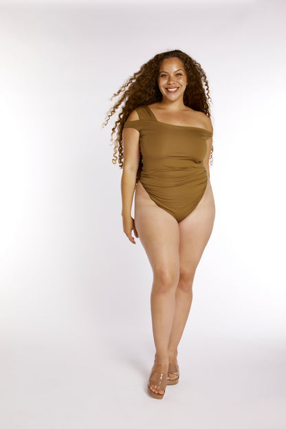 Camel Ruched Bodysuit With 3 Piece Shoulder Straps