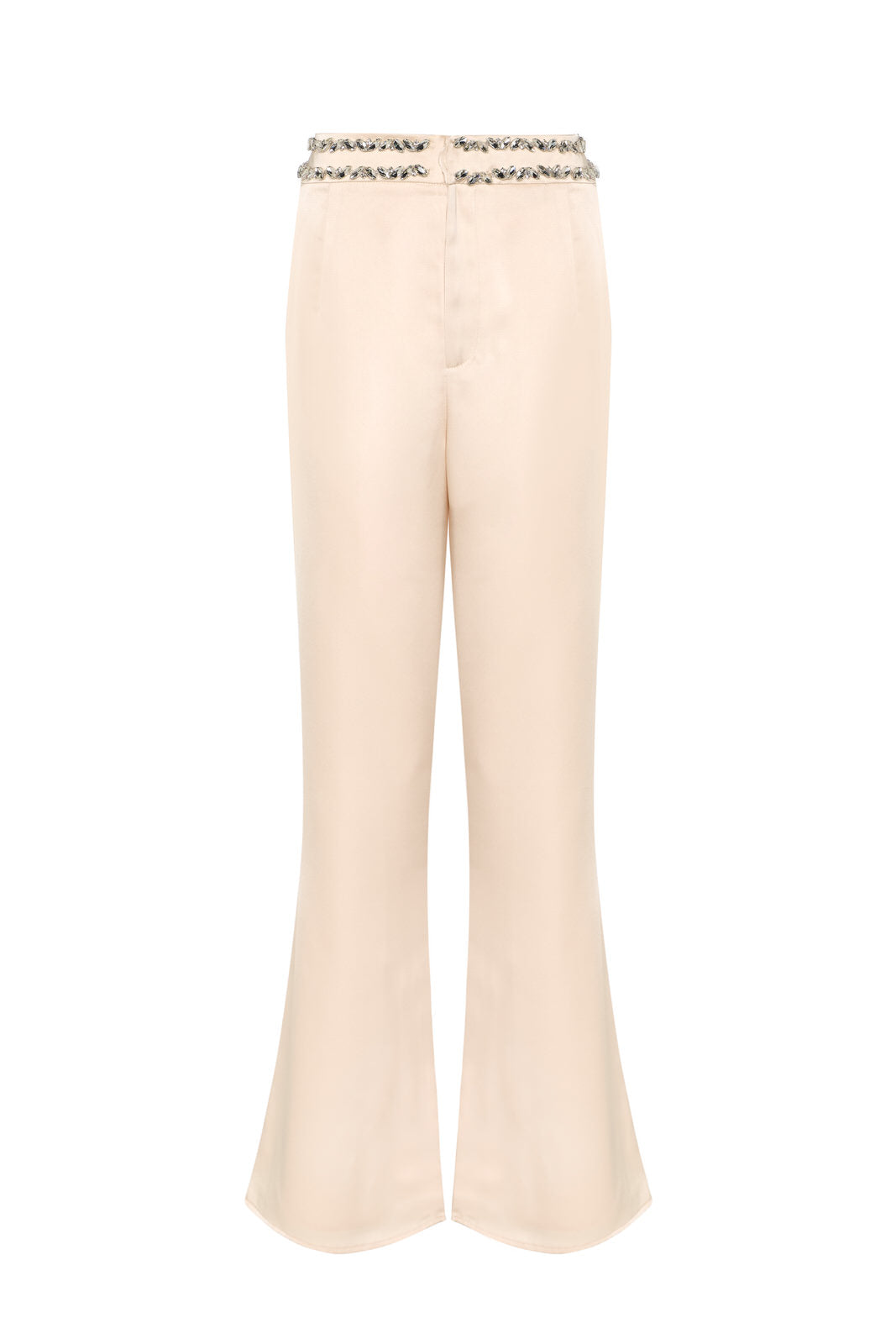 Champagne Satin Embellished High-Waisted Tailored Trousers - 100% Cupro Lining