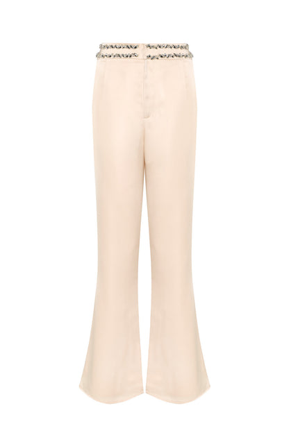 Champagne Satin Embellished High-Waisted Tailored Trousers - 100% Cupro Lining