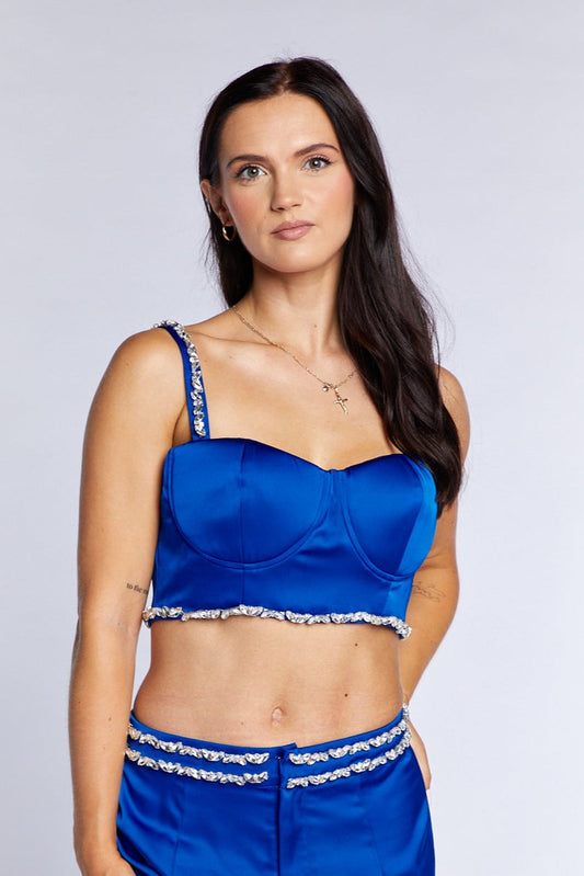 Royal Blue Satin Embellished Bustier Top - 100% Cupro Lining