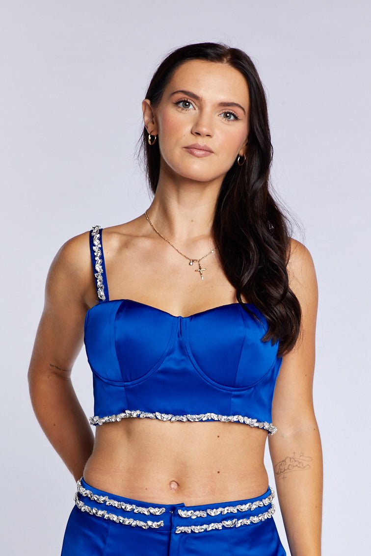 Royal Blue Satin Embellished Bustier Top - 100% Cupro Lining