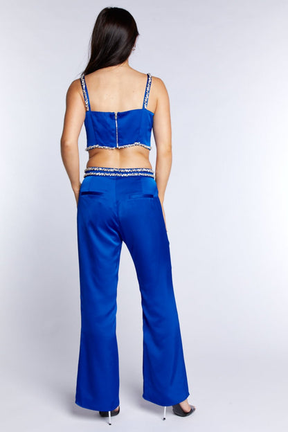 Royal Blue Satin Embellished High-Waisted Tailored Trousers - 100% Cupro Lining