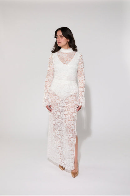 Eco-friendly recycled lace maxi skirt crafted from plastic water bottles