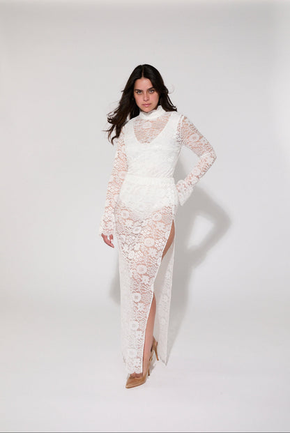 Eco-friendly recycled lace maxi skirt crafted from plastic water bottles