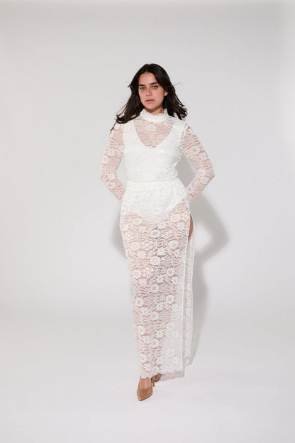 Eco-friendly recycled lace maxi skirt crafted from plastic water bottles
